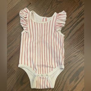 Pehr baby girls 6-12 mos pink and white striped onesie with ruffle sleeve
